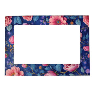 Pink flowers on vibrant blue pattern magnetic frame