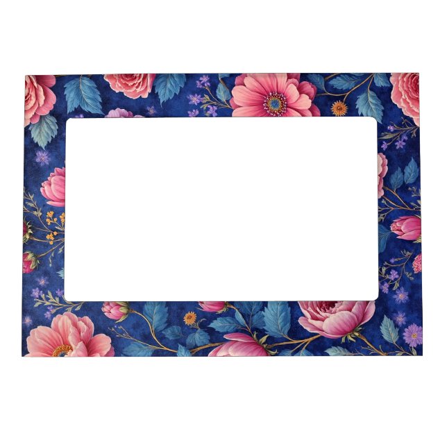 Pink flowers on vibrant blue pattern magnetic frame (Front)