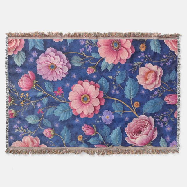 Pink flowers on vibrant blue pattern throw blanket (Front)