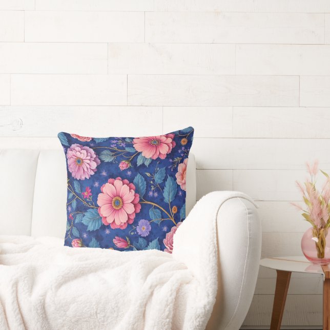 Pink flowers on vibrant blue pattern throw pillow (Couch)