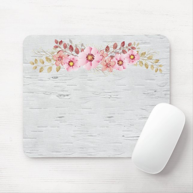 Pink Flowers On White Birch  Mouse Pad (With Mouse)