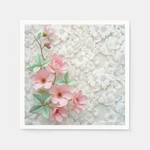 Pink Flowers On White Bridal Lace Napkins