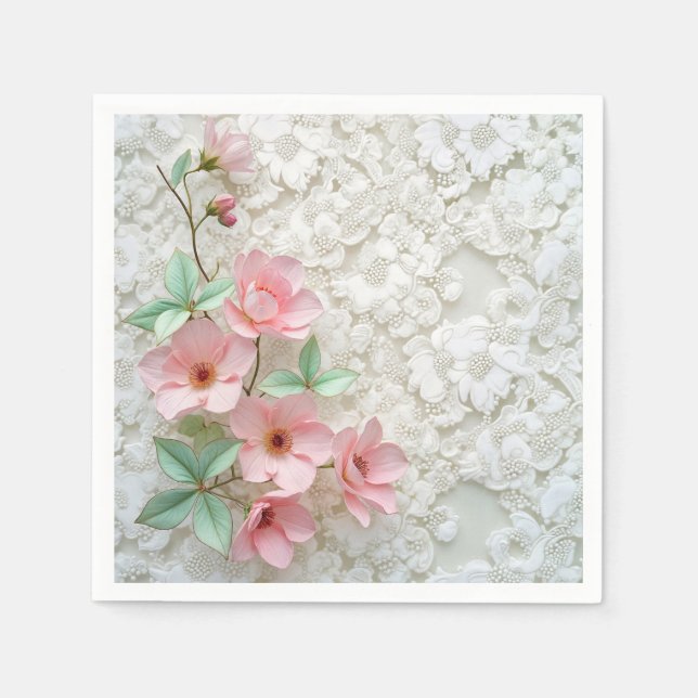 Pink Flowers On White Bridal Lace Napkins (Front)