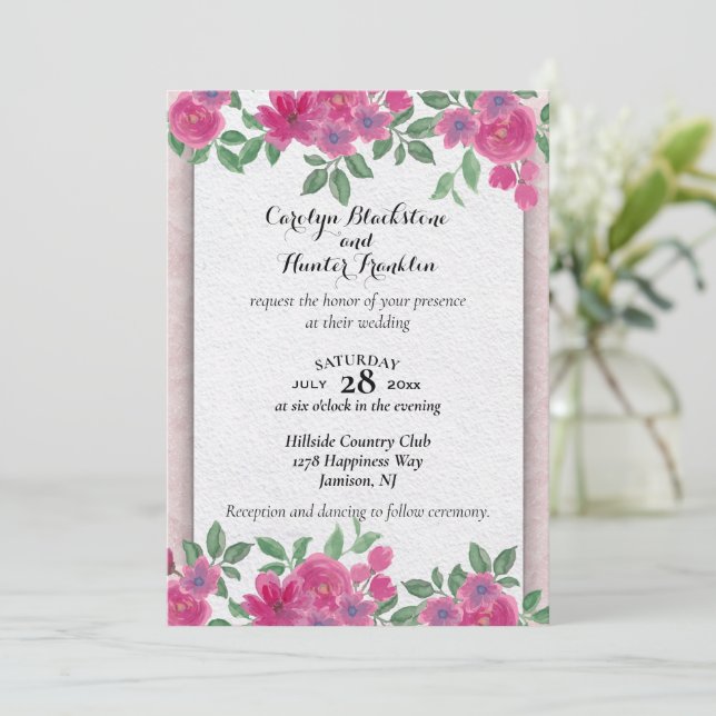 Pink Flowers on White & Pink Wedding Invitation (Standing Front)