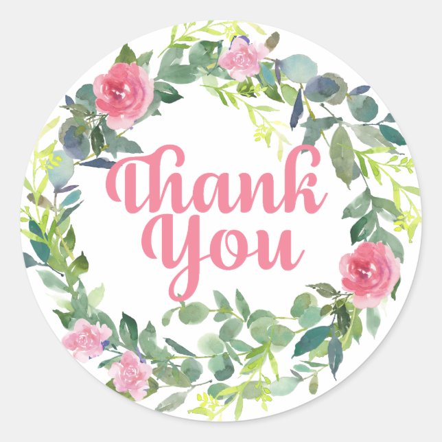 Pink Flowers on Wreath Thank You Classic Round Sticker (Front)