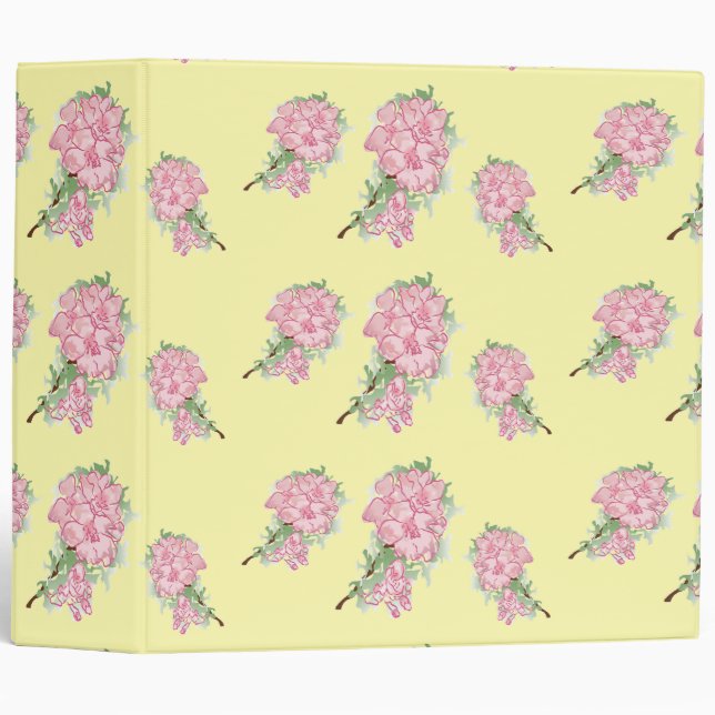 Pink flowers on yellow notebook 3 ring binder (Front/Spine)