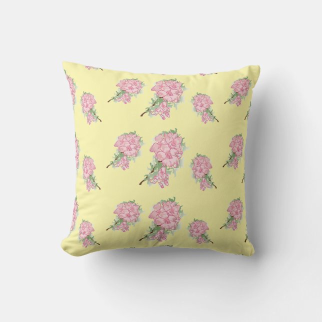 Pink flowers on yellow throw pillow (Front)