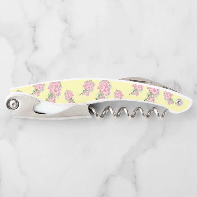Pink flowers on yellow waiter's corkscrew (Front)