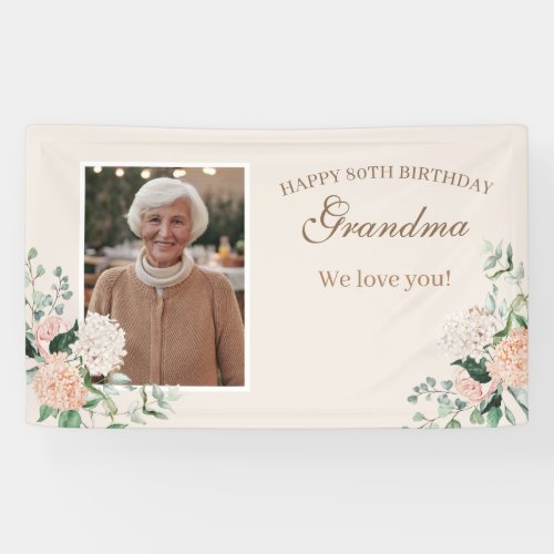 Pink Flowers One Photo 80th Birthday Banner