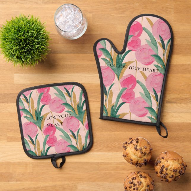 Pink Flowers Oven Mitt & Pot Holder Set (Top Down)