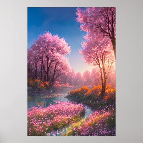 Pink Flowers Overgrowing the Forest Swamp Poster