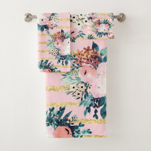 Pink Flowers Paint Gold Stripes Girly Design Bath Towel Set