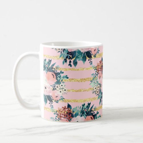 Pink Flowers Paint Gold Stripes Girly Design Coffee Mug