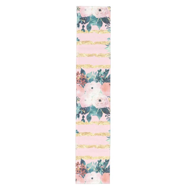 Pink Flowers Paint Gold Stripes Girly Design Medium Table Runner (Front)