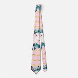 Pink Flowers Paint Gold Stripes Girly Design Neck Tie
