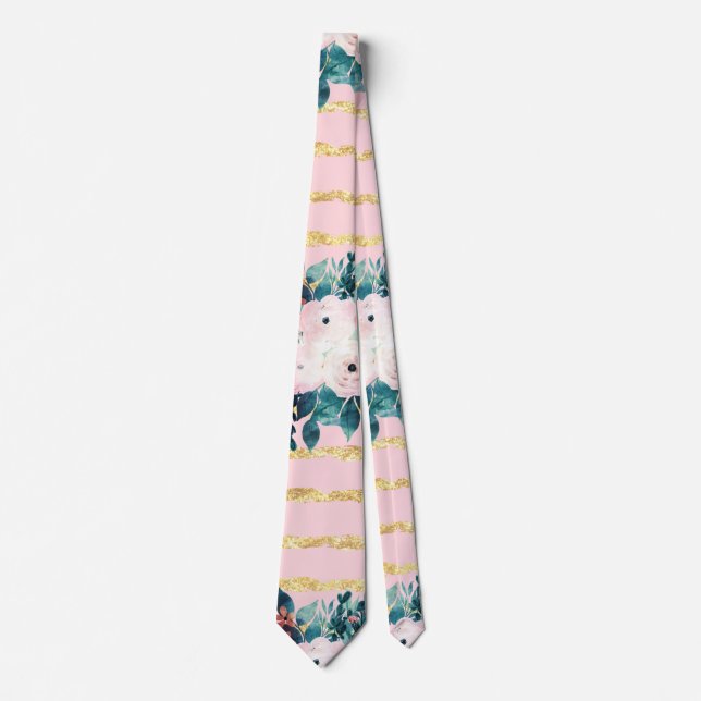 Pink Flowers Paint Gold Stripes Girly Design Neck Tie (Front)