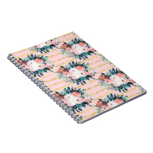 Pink Flowers Paint Gold Stripes Girly Design Notebook