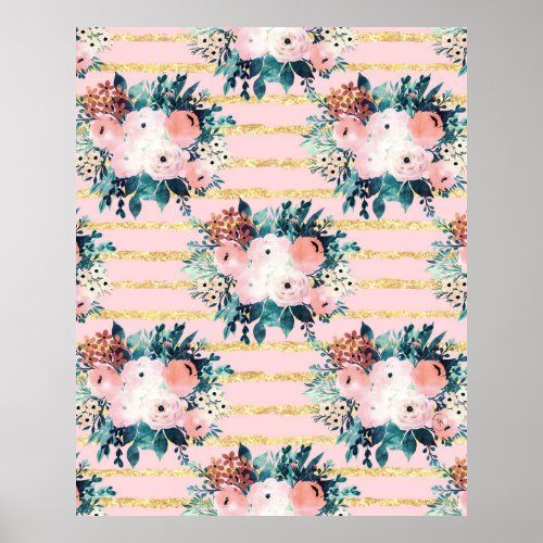 Pink Flowers Paint Gold Stripes Girly Design Poster