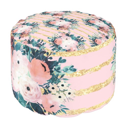 Pink Flowers Paint Gold Stripes Girly Design Pouf