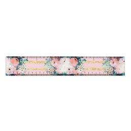 Pink Flowers Paint Gold Stripes Girly Design Ruler
