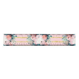 Pink Flowers Paint Gold Stripes Girly Design Ruler