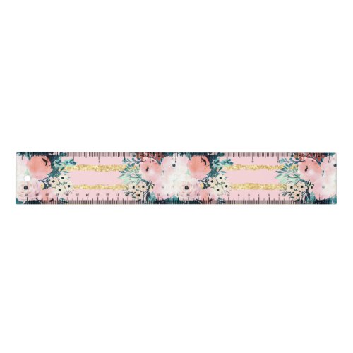 Pink Flowers Paint Gold Stripes Girly Design Ruler