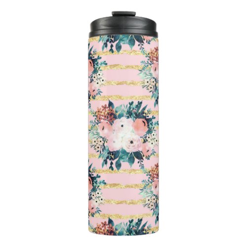 Pink Flowers Paint Gold Stripes Girly Design Thermal Tumbler