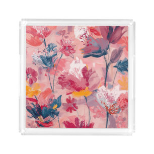 Pink Flowers Painted Brushtrokes Botanical Pattern Acrylic Tray
