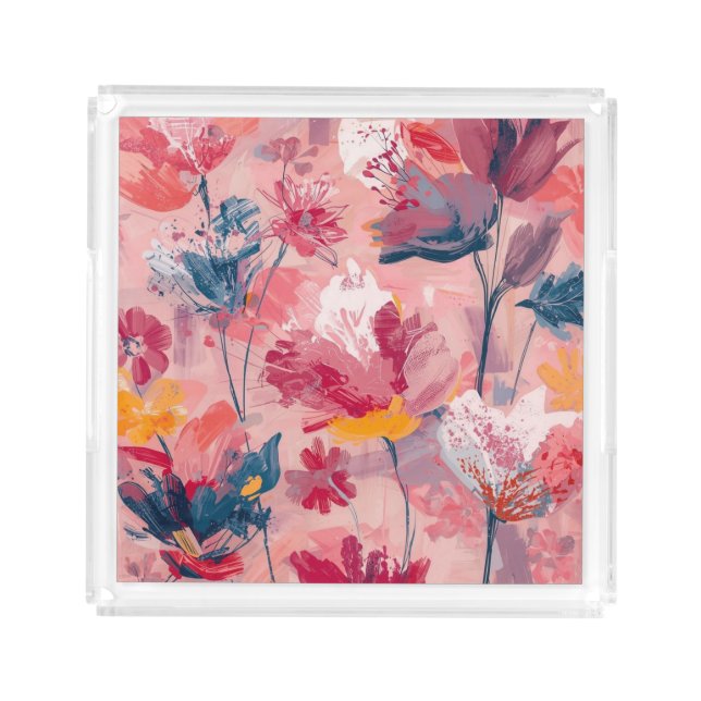 Pink Flowers Painted Brushtrokes Botanical Pattern Acrylic Tray (Front)
