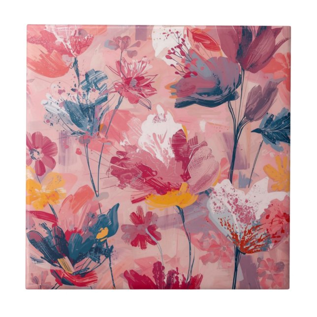 Pink Flowers Painted Brushtrokes Botanical Pattern Ceramic Tile (Front)