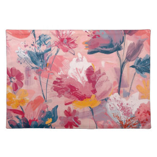 Pink Flowers Painted Brushtrokes Botanical Pattern Cloth Placemat