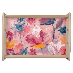 Pink Flowers Painted Brushtrokes Botanical Pattern Serving Tray