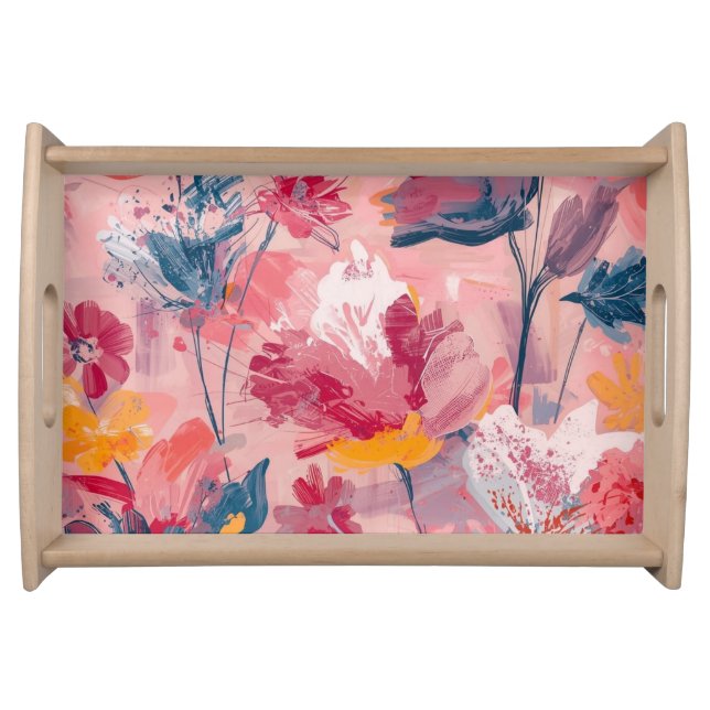 Pink Flowers Painted Brushtrokes Botanical Pattern Serving Tray (Front)