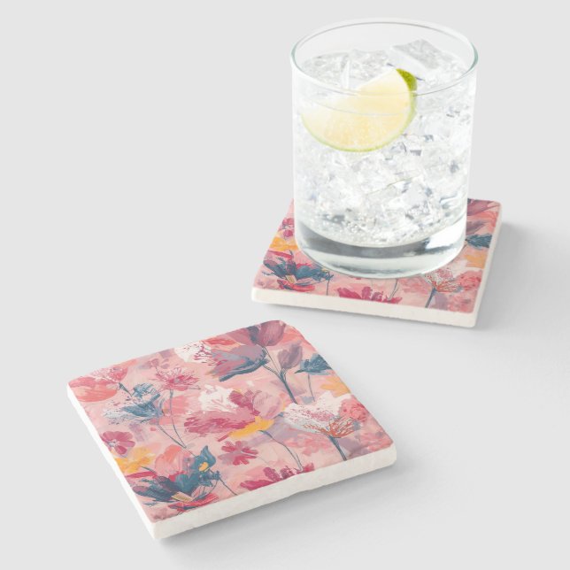 Pink Flowers Painted Brushtrokes Botanical Pattern Stone Coaster (Side)