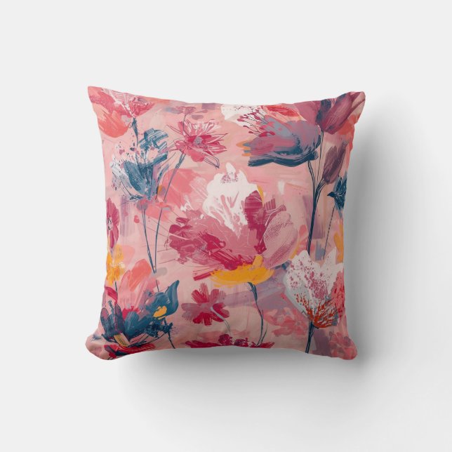 Pink Flowers Painted Brushtrokes Botanical Pattern Throw Pillow (Front)