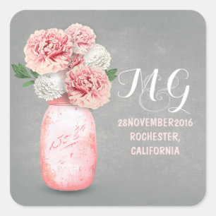 Pink flowers painted mason jar wedding stickers