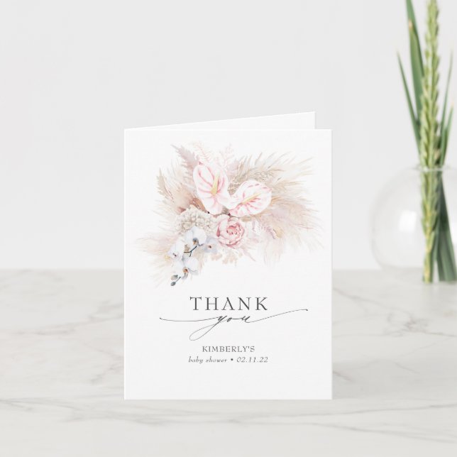 Pink Flowers Pampas Grass Baby Shower Thank You Card (Front)