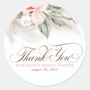 Pink Flowers Pampas Grass Boho Thank You Classic Round Sticker