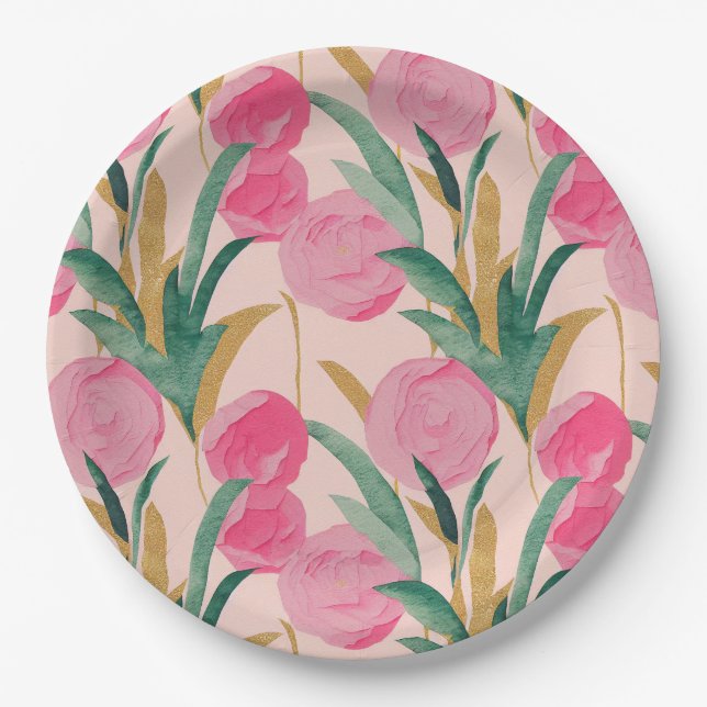 Pink Flowers Paper Plates (Front)