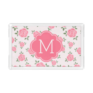 Pink Flowers Pattern and Monogram Acrylic Tray