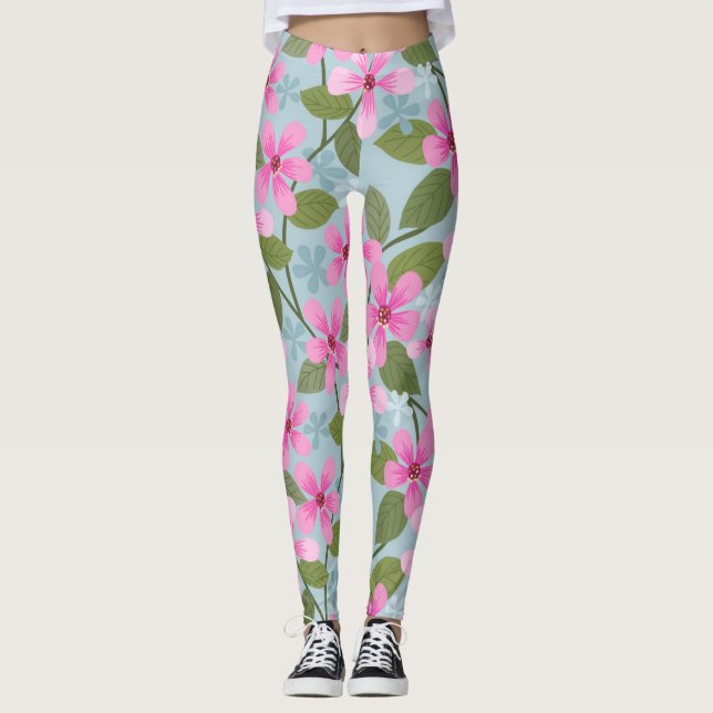 pink flowers pattern blue leggings (Front)
