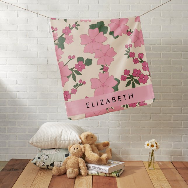 Pink Flowers, Pattern Of Flowers, Your Name Baby Blanket (In Situ)