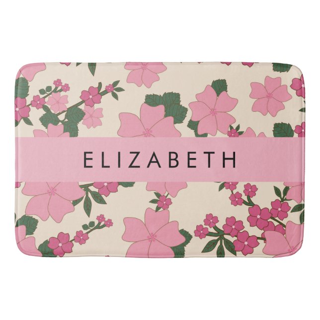 Pink Flowers, Pattern Of Flowers, Your Name Bath Mat (Front)