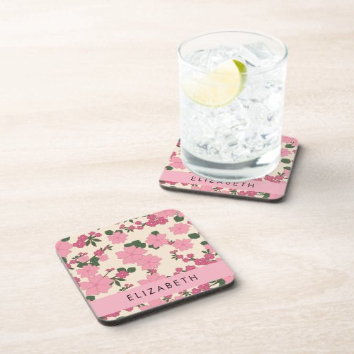 Pink Flowers Pattern Of Flowers Your Name Beverage Coaster