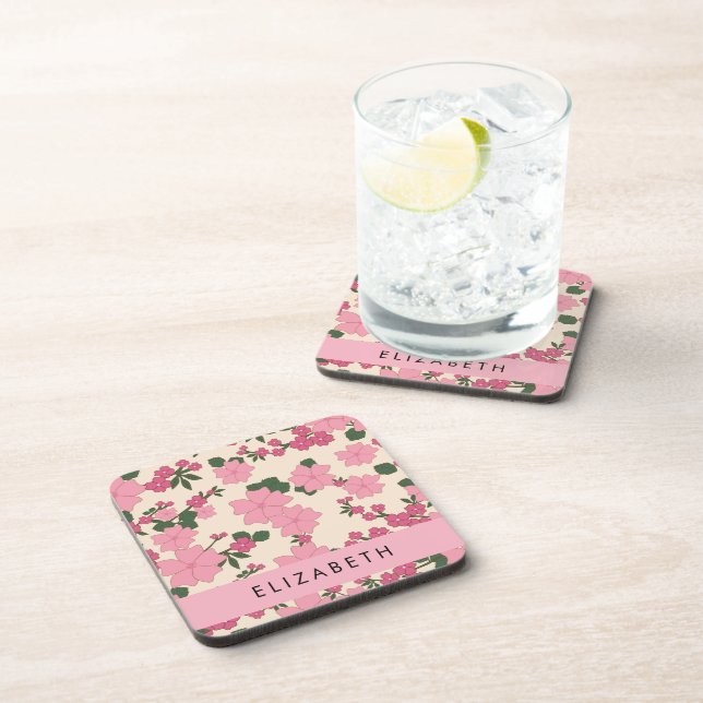 Pink Flowers, Pattern Of Flowers, Your Name Beverage Coaster (Right Side)