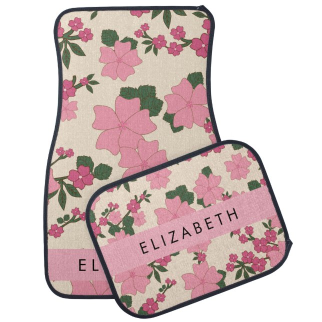 Pink Flowers, Pattern Of Flowers, Your Name Car Floor Mat (Set)