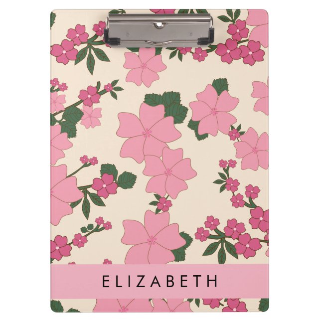 Pink Flowers, Pattern Of Flowers, Your Name Clipboard (Front)