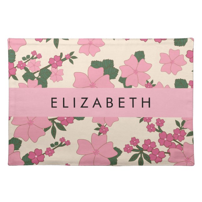 Pink Flowers, Pattern Of Flowers, Your Name Cloth Placemat (Front)