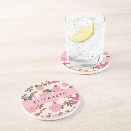 Pink Flowers Pattern Of Flowers Your Name Coaster