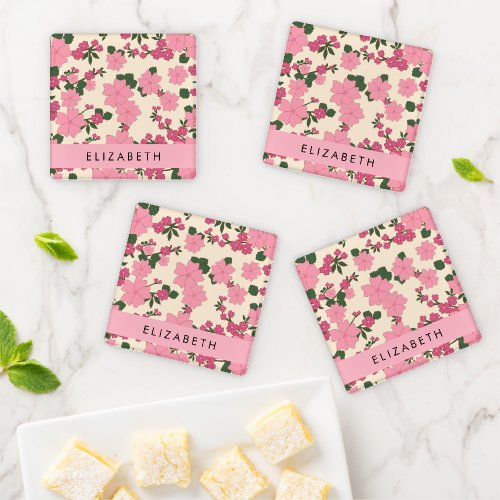 Pink Flowers Pattern Of Flowers Your Name Coaster Set